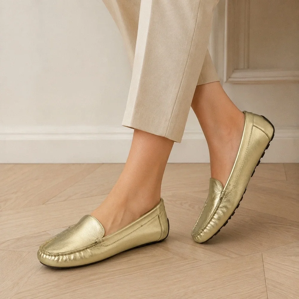 Lauren Ralph Lauren Gold Leather Driving Loafers Moccasin Luxury Flats Size 8.5
